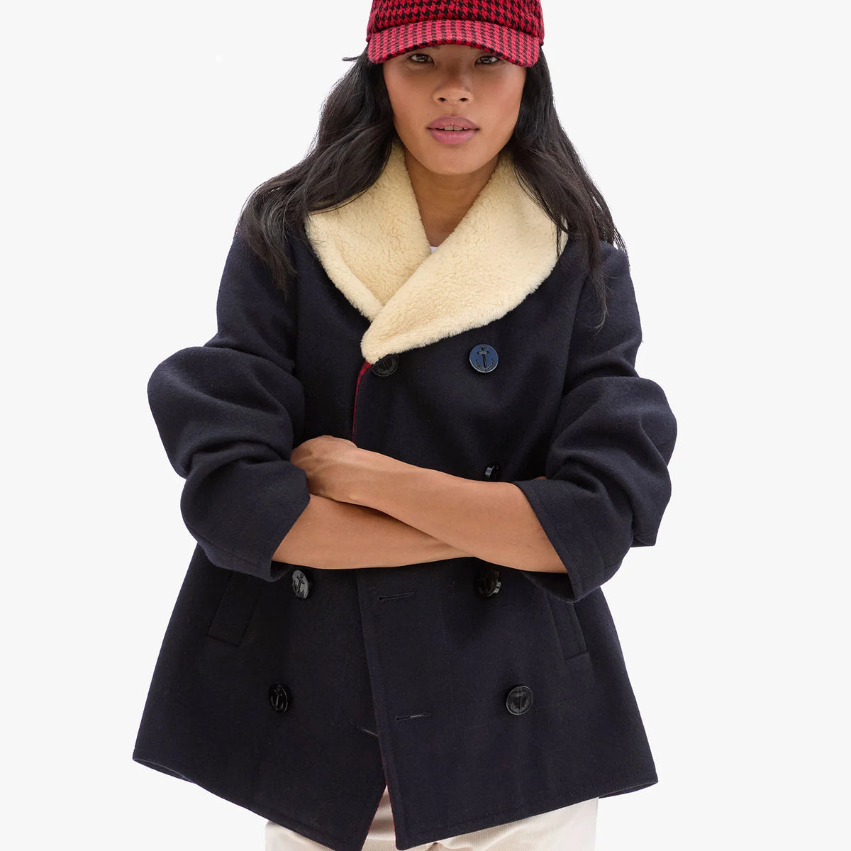 Clare V. Wool Houndstooth w/ Petit Oui Baseball Hat - Black 
