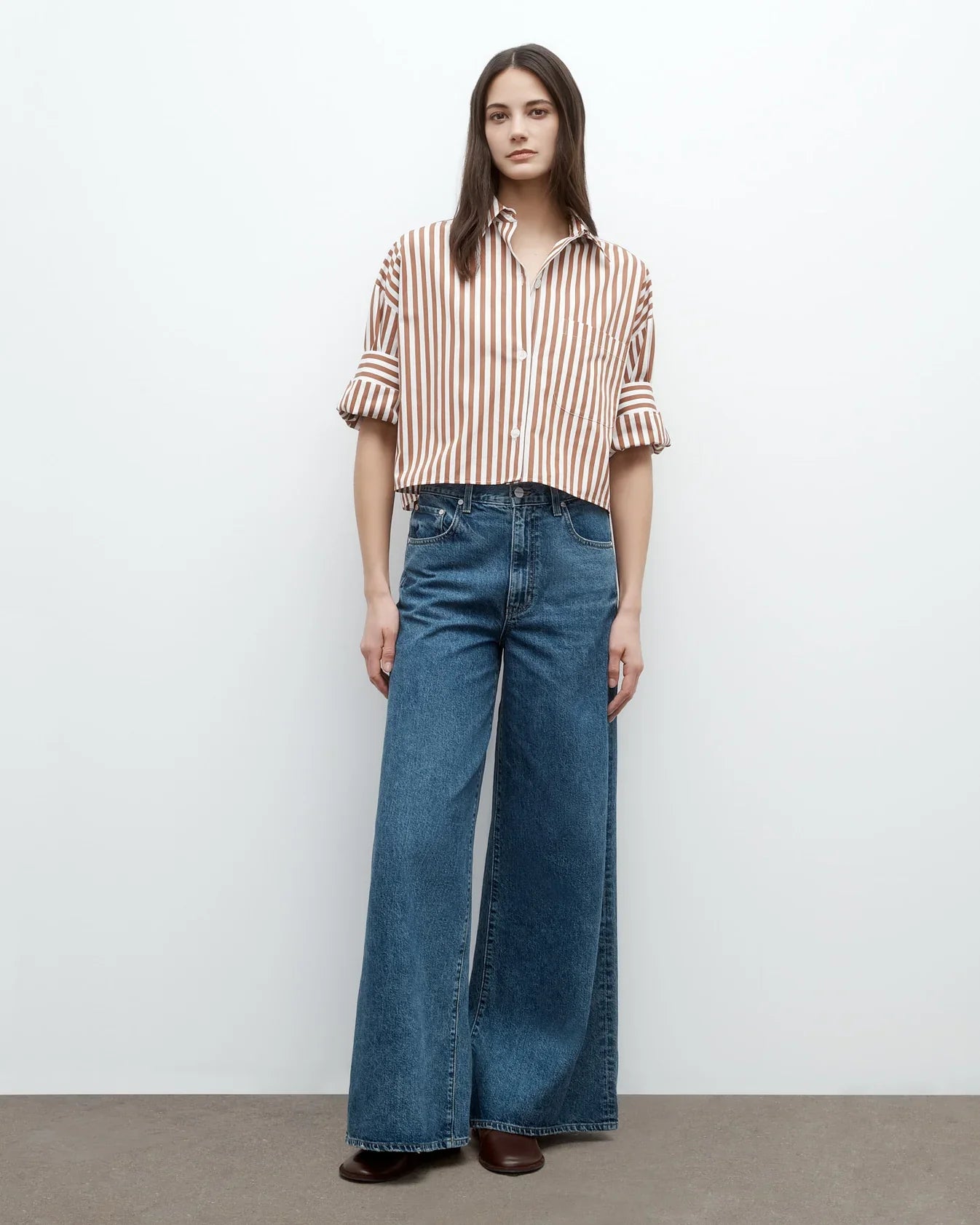 TWP cropped button down and wide leg jean