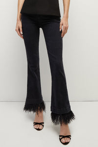 Veronica Beard Carson High Rise Ankle Kick Flare Jean w. Feather Trim - Washed Onyx
