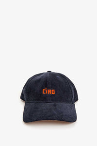 Clare V. Embroidered Petit Block Ciao Corduroy Baseball Hat - Navy w/ Bright Poppy