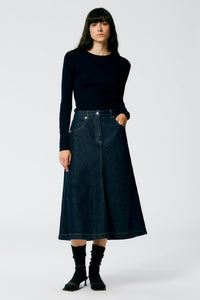 Tibi Indigo Denim Midi A-Line Skirt - Dark Denim