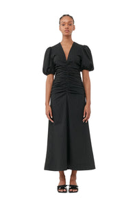 Ganni Stretch Stripe Gathered Long Dress - Black