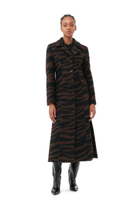 Ganni Wool Jacquard Fitted Coat - Black