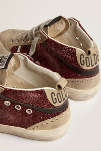 Golden Goose Mid Star Sneaker w. Glitter Upper, Suede Toe and Leather Star - Dark Red/Taupe/White