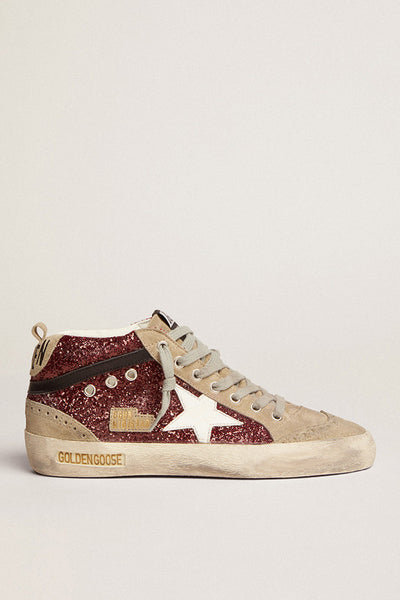 Golden Goose Mid Star Sneaker w. Glitter Upper, Suede Toe and Leather – The  Fold