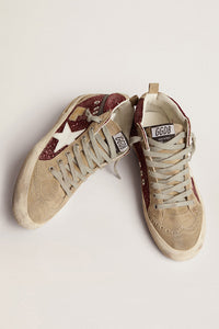 Golden Goose Mid Star Sneaker w. Glitter Upper, Suede Toe and Leather Star - Dark Red/Taupe/White