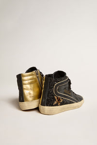Golden Goose Slide Sneaker w. Glitter and Laminated Upper, Leather Toe and Leo printed Star - Black/Gold/Beige