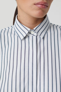 Closed Dropped Shoulder Striped Blouse - Blue Heather