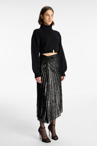 ALC Tori Pleated Asymmetric Faux-Leather Sequin Midi Skirt - Black