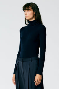 Tibi Featherweight Ribbed Sweater Turtleneck Pullover - Navy