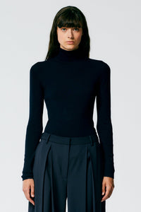 Tibi Featherweight Ribbed Sweater Turtleneck Pullover - Navy