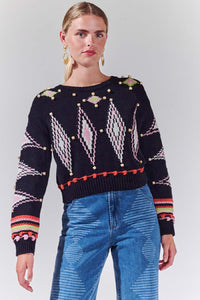 Hayley Menzies Beaded Cotton Intarsia Jacquard Boxy Crop Jumper - With the Tribe Black