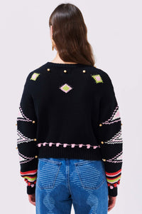 Hayley Menzies Beaded Cotton Intarsia Jacquard Boxy Crop Jumper - With the Tribe Black