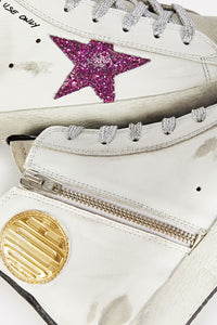 Golden Goose Francy Sneaker w. Leather Upper Suede Toe Glitter Heel - White/Ice/Fuchsia