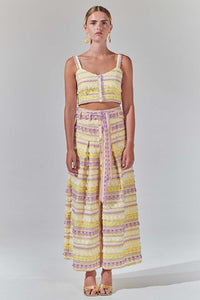 Hayley Menzies Embroidered High Waist Cotton Pleated Maxi Skirt - Sun Wink Chartreuse