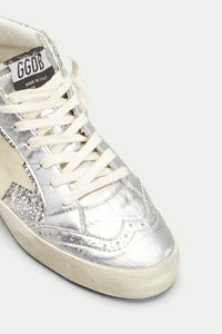 Golden Goose Mid Star Sneaker w. Glitter Upper and Laminated Toe Wave and Spur - Silver/Ivory/Black